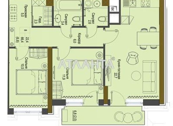 2-rooms apartment apartment by the address st. Frantsuzskiy bul Proletarskiy bul (area 63,9 m2) - Atlanta.ua - photo 4