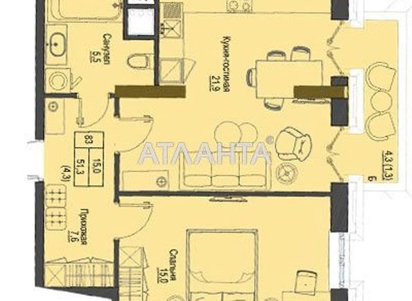 1-room apartment apartment by the address st. Frantsuzskiy bul Proletarskiy bul (area 55,8 m2) - Atlanta.ua - photo 2