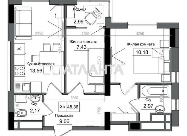 2-rooms apartment apartment by the address st. 7 km ovidiopolskoy dor (area 46,9 m2) - Atlanta.ua - photo 2
