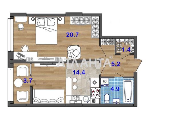 1-комнатная квартира по адресу ул. Бочарова ген. (площадь 50,4 м²) - Atlanta.ua
