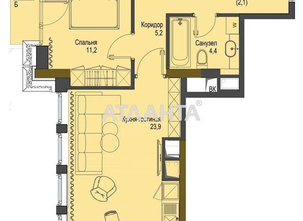 1-room apartment apartment by the address st. Frantsuzskiy bul Proletarskiy bul (area 55,8 m2) - Atlanta.ua