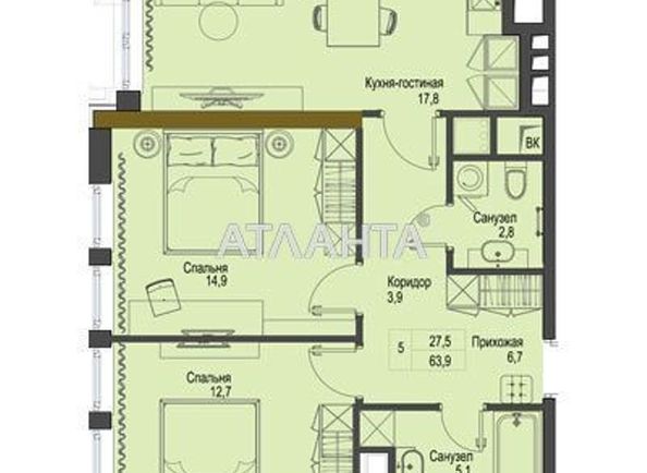 2-rooms apartment apartment by the address st. Frantsuzskiy bul Proletarskiy bul (area 63,9 m2) - Atlanta.ua