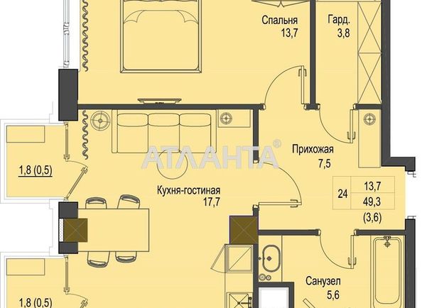 2-rooms apartment apartment by the address st. Frantsuzskiy bul Proletarskiy bul (area 63,9 m2) - Atlanta.ua - photo 5