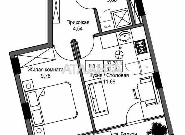 1-room apartment apartment by the address st. 7 km ovidiopolskoy dor (area 34,4 m2) - Atlanta.ua - photo 2