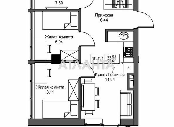3-rooms apartment apartment by the address st. 7 km ovidiopolskoy dor (area 57,7 m2) - Atlanta.ua - photo 2