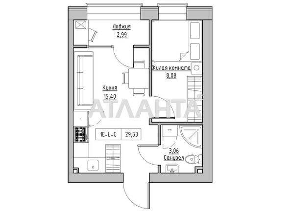 1-room apartment apartment by the address st. 7 km ovidiopolskoy dor (area 29,5 m2) - Atlanta.ua - photo 2