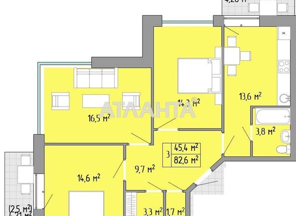 3-rooms apartment apartment by the address st. Nebesnoy Sotni pr Zhukova marsh pr Leninskoy iskry pr (area 82,6 m2) - Atlanta.ua
