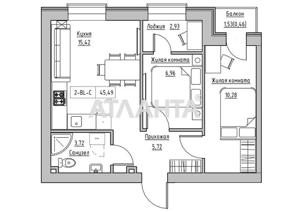 2-комнатная квартира по адресу 7 км овидиопольской дор. (площадь 45,5 м2) - Atlanta.ua