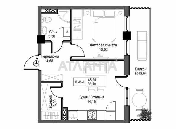 2-rooms apartment apartment by the address st. 7 km ovidiopolskoy dor (area 38,7 m2) - Atlanta.ua