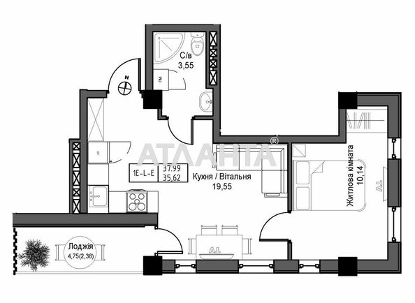 2-rooms apartment apartment by the address st. 7 km ovidiopolskoy dor (area 35,6 m2) - Atlanta.ua