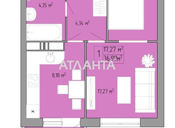 1-room apartment apartment by the address st. Pishonovskaya (area 36,9 m2) - Atlanta.ua - photo 2