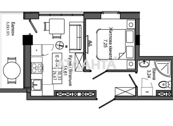 1-room apartment apartment by the address st. 7 km ovidiopolskoy dor (area 30,3 m2) - Atlanta.ua - photo 2