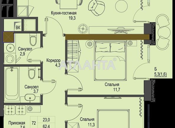 1-room apartment apartment by the address st. Frantsuzskiy bul Proletarskiy bul (area 63,6 m2) - Atlanta.ua - photo 3
