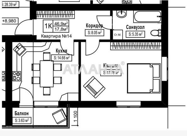 1-room apartment apartment by the address st. Vesennyaya (area 47,0 m2) - Atlanta.ua - photo 3