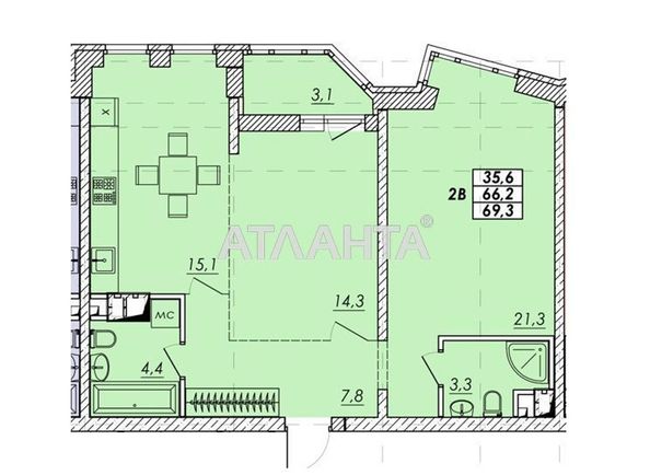 2-rooms apartment apartment by the address st. Prokhorovskaya Khvorostina (area 69,3 m2) - Atlanta.ua