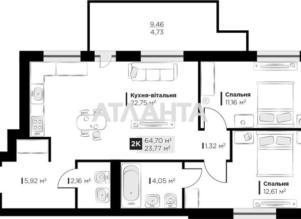 2-rooms apartment apartment by the address st. Galitskaya (area 64,7 m2) - Atlanta.ua