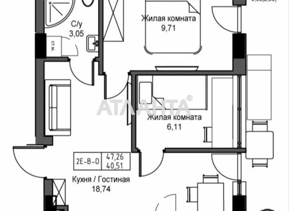 2-кімнатна квартира за адресою 7 км Овідіопольської дор. (площа 40,5 м²) - Atlanta.ua - фото 5