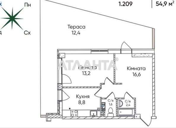 1-room apartment apartment by the address st. Paustovskogo (area 54,9 m²) - Atlanta.ua