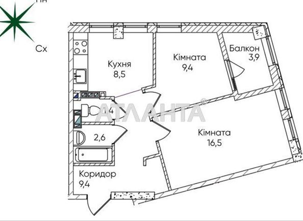2-rooms apartment apartment by the address st. Paustovskogo (area 51,6 m²) - Atlanta.ua