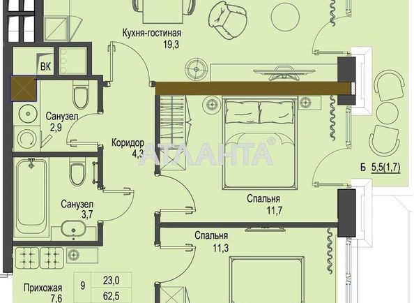 2-rooms apartment apartment by the address st. Frantsuzskiy bul Proletarskiy bul (area 62,4 m²) - Atlanta.ua - photo 5