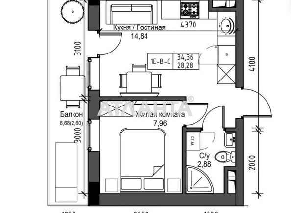 1-room apartment apartment by the address st. 7 km ovidiopolskoy dor (area 28,3 m²) - Atlanta.ua