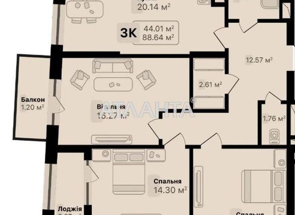 3-кімнатна квартира за адресою вул. Соняшникова (площа 88,6 м²) - Atlanta.ua - фото 2