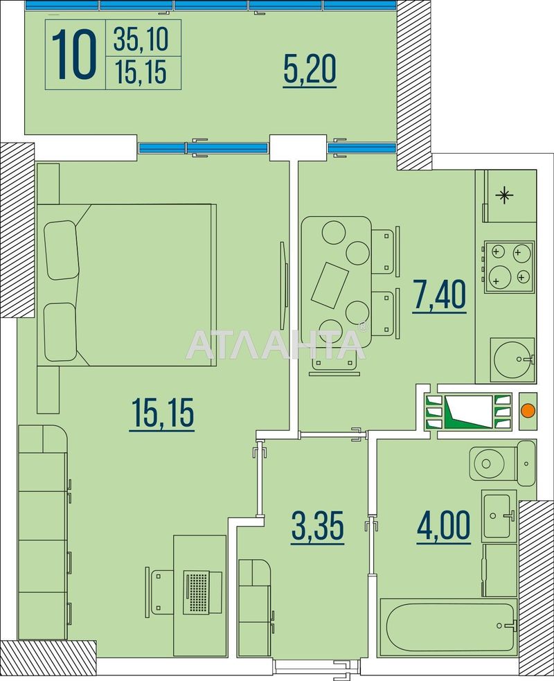 1-room apartment apartment by the address st. Bugaevskaya Instrumentalnaya (area 35,4 m²) - Atlanta.ua - photo 2