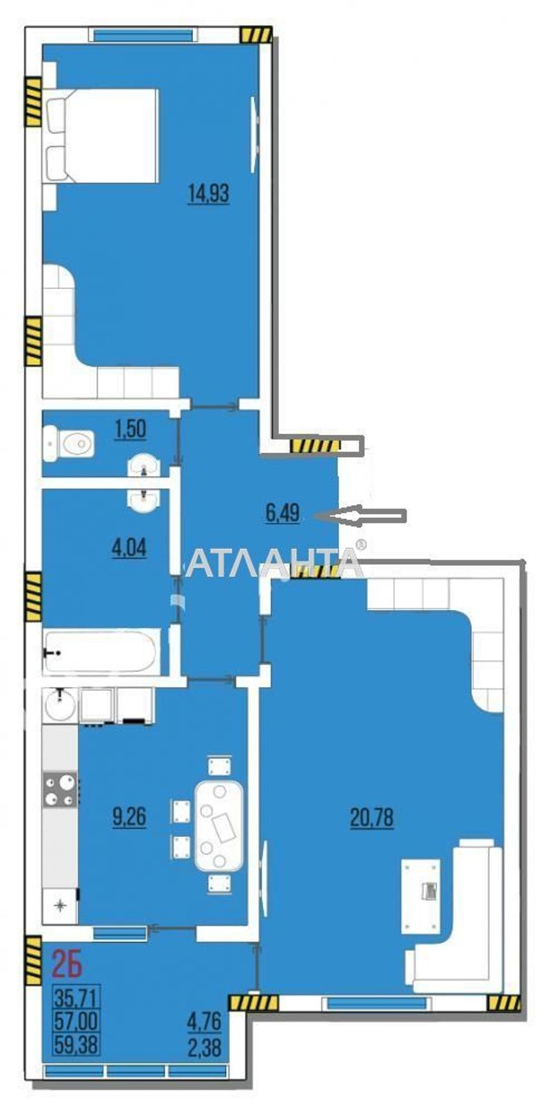 2-rooms apartment apartment by the address st. Stroitelnaya (area 60 m²) - Atlanta.ua - photo 2