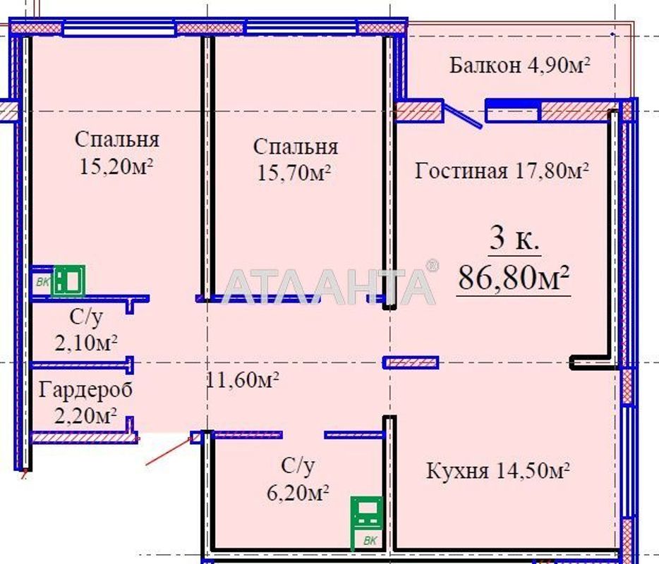 3-кімнатна квартира за адресою вул. Жаботинського (площа 86,8 м²) - Atlanta.ua - фото 2