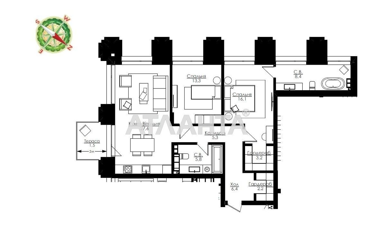3-rooms apartment apartment by the address st. Frantsuzskiy bul Proletarskiy bul (area 89,8 m²) - Atlanta.ua - photo 2