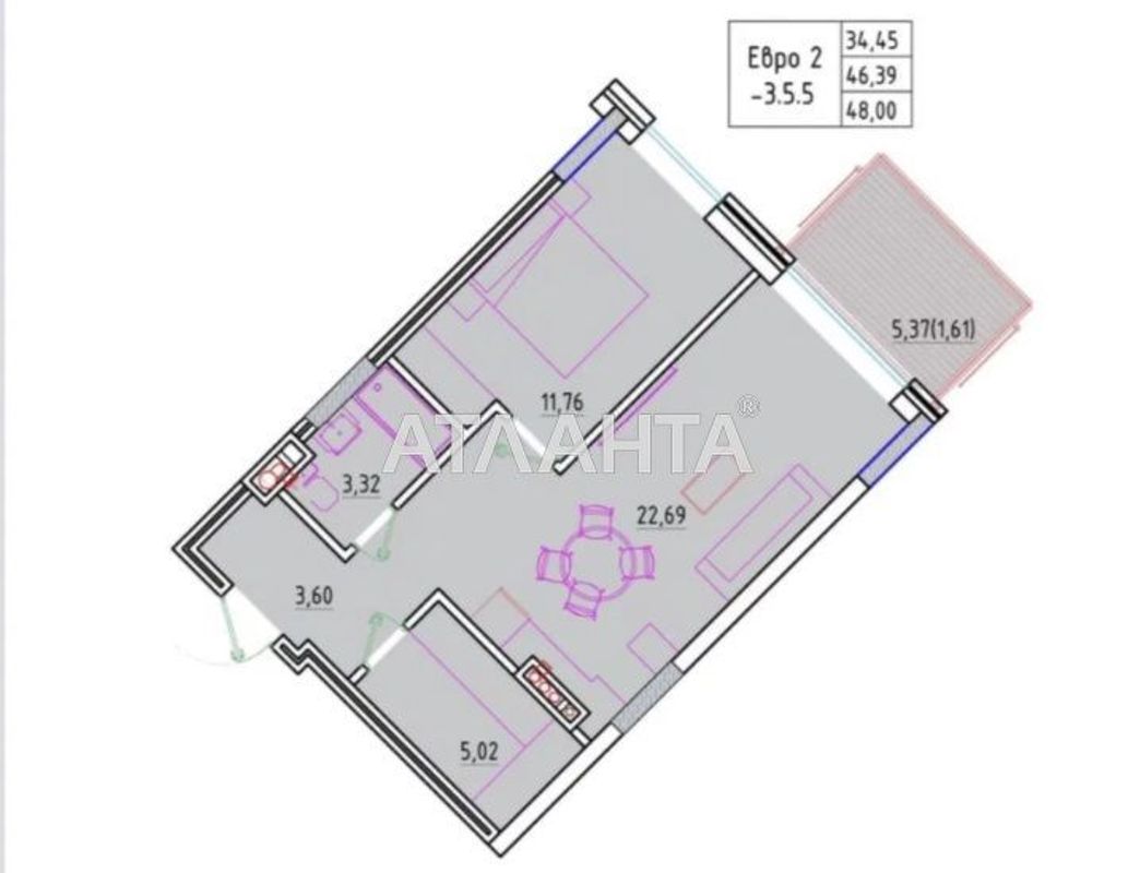 1-room apartment apartment by the address st. Fontanskaya dor Perekopskoy Divizii (area 48,5 m²) - Atlanta.ua - photo 2