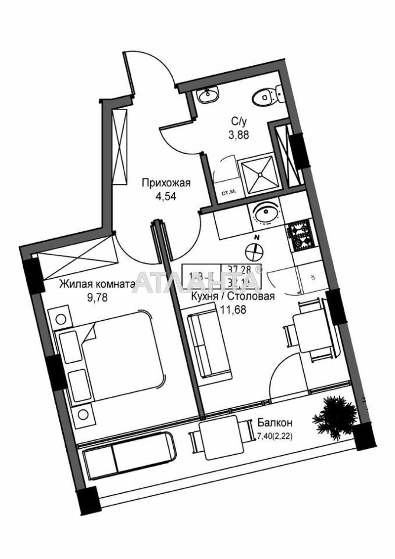 1-комнатная квартира по адресу 7 км овидиопольской дор. (площадь 34,4 м²) - Atlanta.ua - фото 2