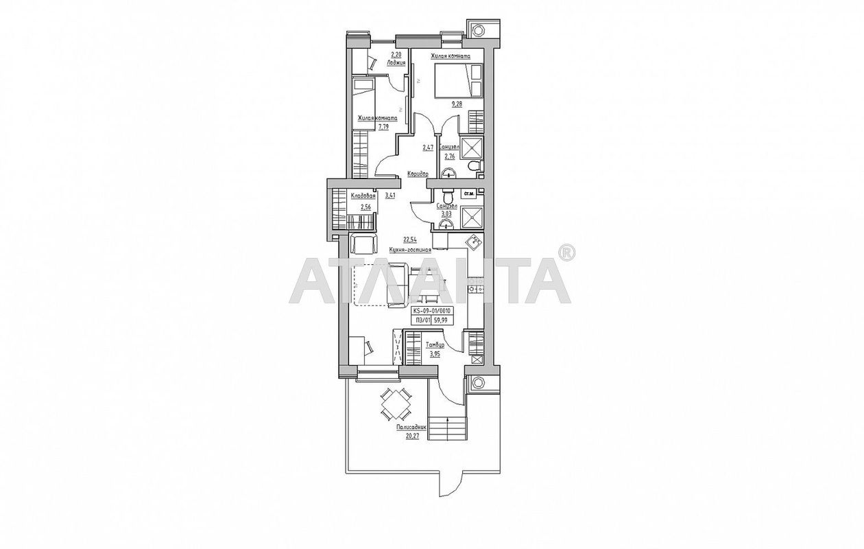 2-rooms apartment apartment by the address st. 7 km ovidiopolskoy dor (area 66,1 m²) - Atlanta.ua - photo 2