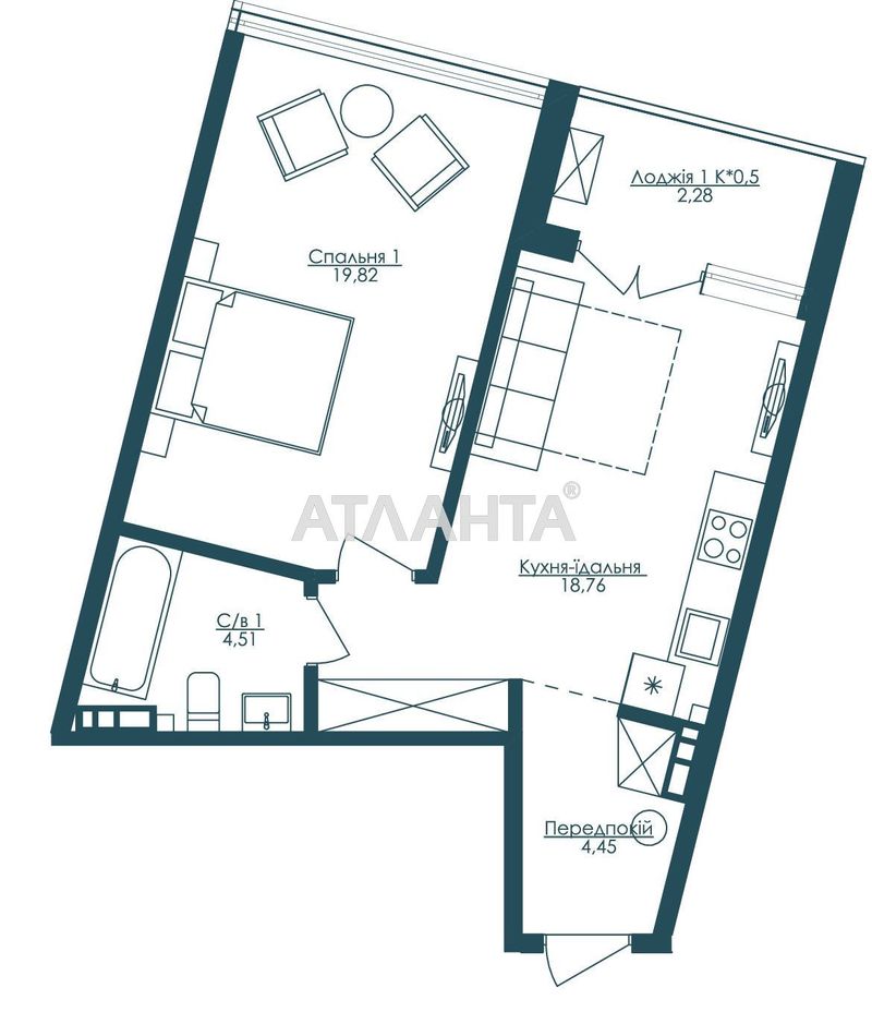 1-room apartment apartment by the address st. Frantsuzskiy bul Proletarskiy bul (area 51,4 m²) - Atlanta.ua