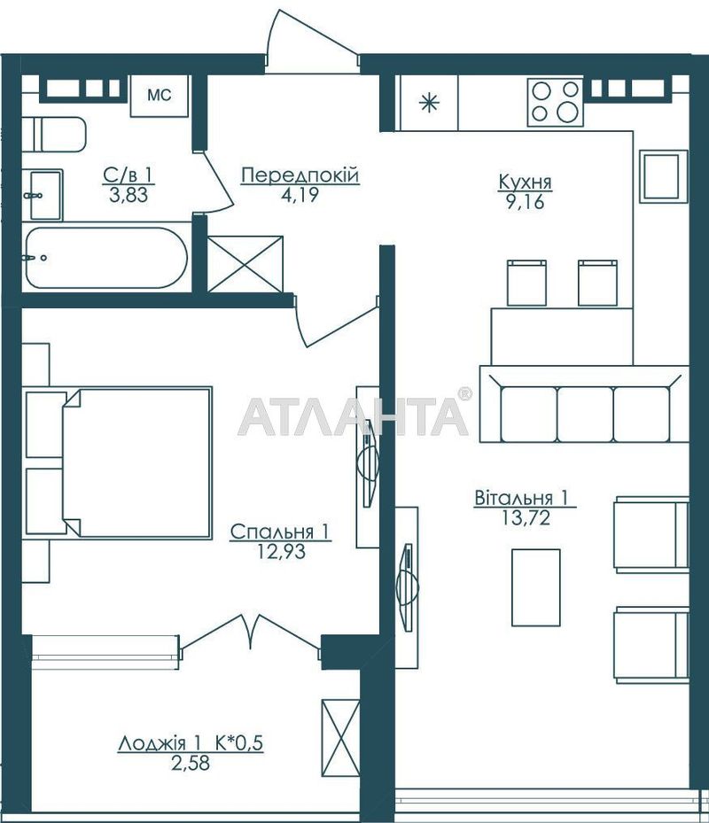 1-room apartment apartment by the address st. Frantsuzskiy bul Proletarskiy bul (area 46,4 m²) - Atlanta.ua - photo 2