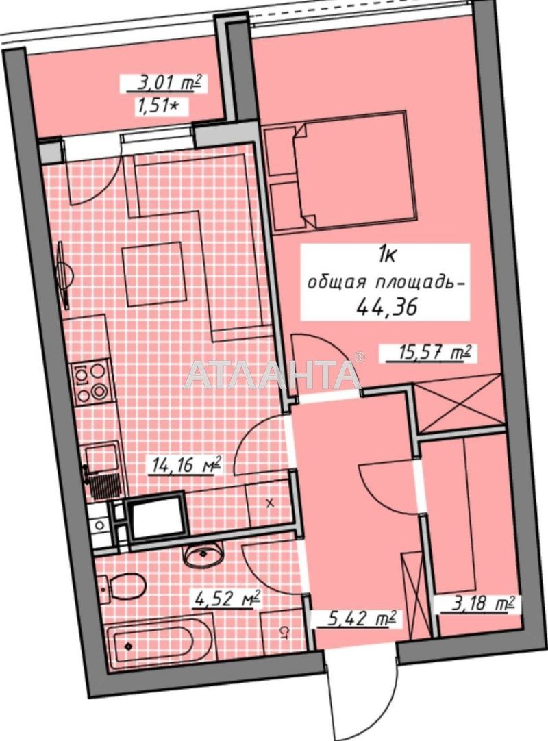 1-room apartment apartment by the address st. Kurortnyy per (area 44,4 m²) - Atlanta.ua - photo 2