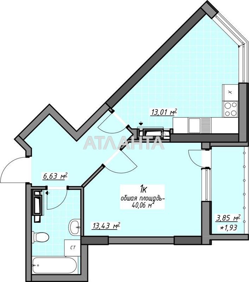 1-комнатная квартира по адресу Глушко ак. Пр. (площадь 40,1 м²) - Atlanta.ua - фото 4