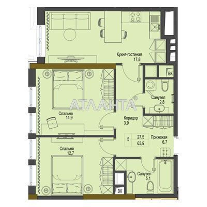 2-rooms apartment apartment by the address st. Frantsuzskiy bul Proletarskiy bul (area 63,9 m²) - Atlanta.ua - photo 5