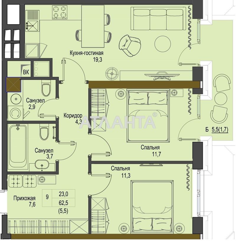 2-rooms apartment apartment by the address st. Frantsuzskiy bul Proletarskiy bul (area 62,4 m²) - Atlanta.ua - photo 4