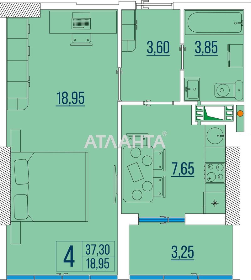 1-кімнатна квартира за адресою вул. Бугаївська (площа 36,9 м²) - Atlanta.ua - фото 2