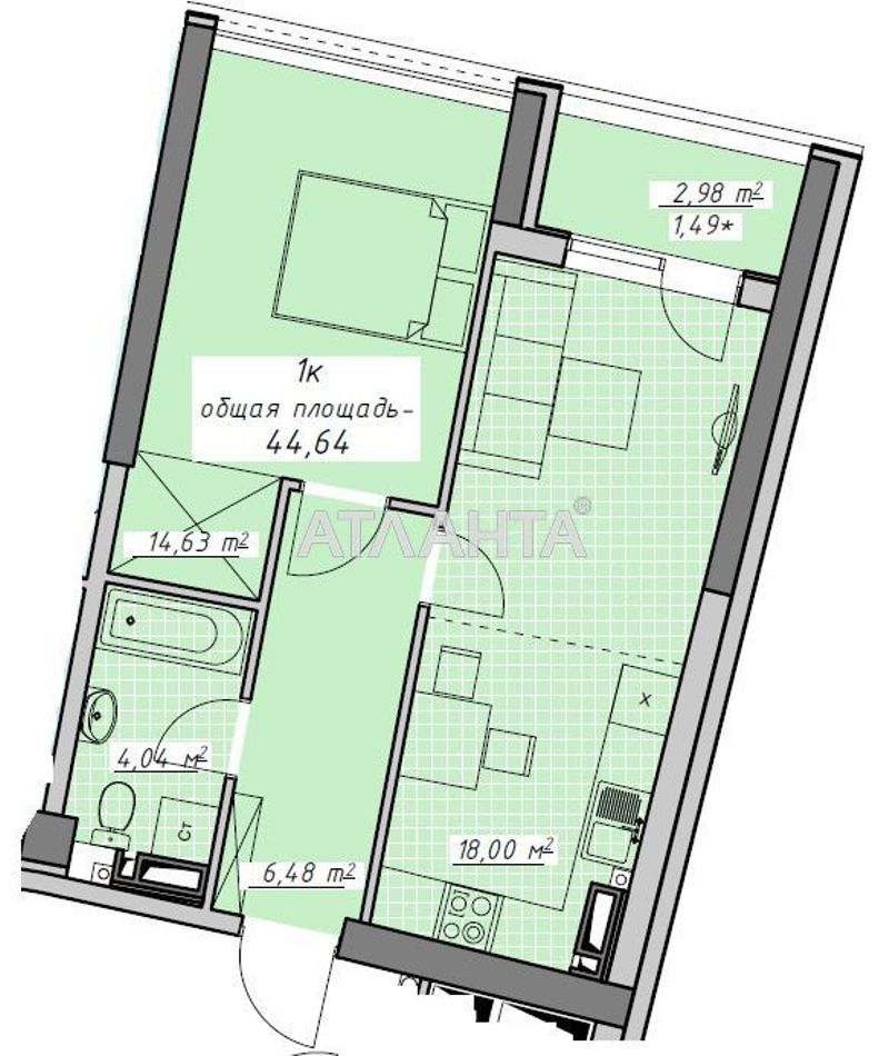 1-кімнатна квартира за адресою Курортний пров. (площа 44,4 м²) - Atlanta.ua