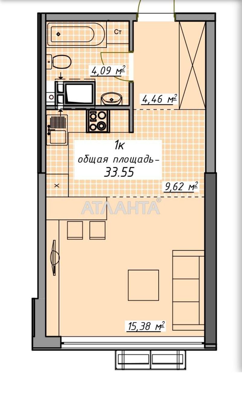 1-комнатная квартира по адресу Курортный пер. (площадь 33,6 м²) - Atlanta.ua - фото 2