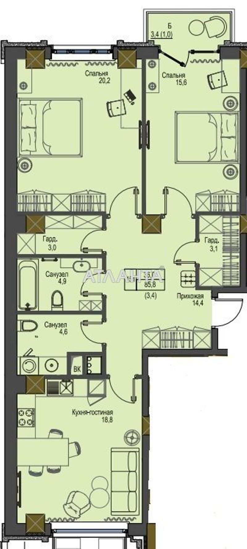 2-комнатная квартира по адресу Французский бул. (площадь 85,8 м²) - Atlanta.ua - фото 3