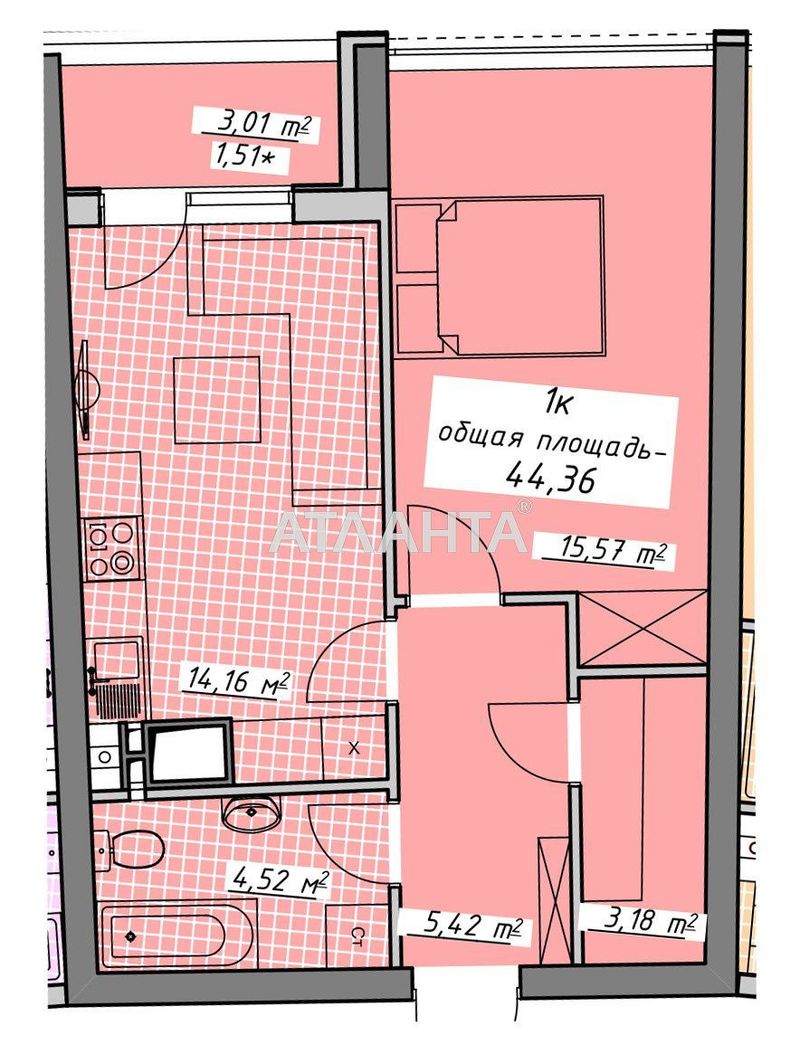 1-room apartment apartment by the address st. Kurortnyy per (area 44,4 m²) - Atlanta.ua - photo 2