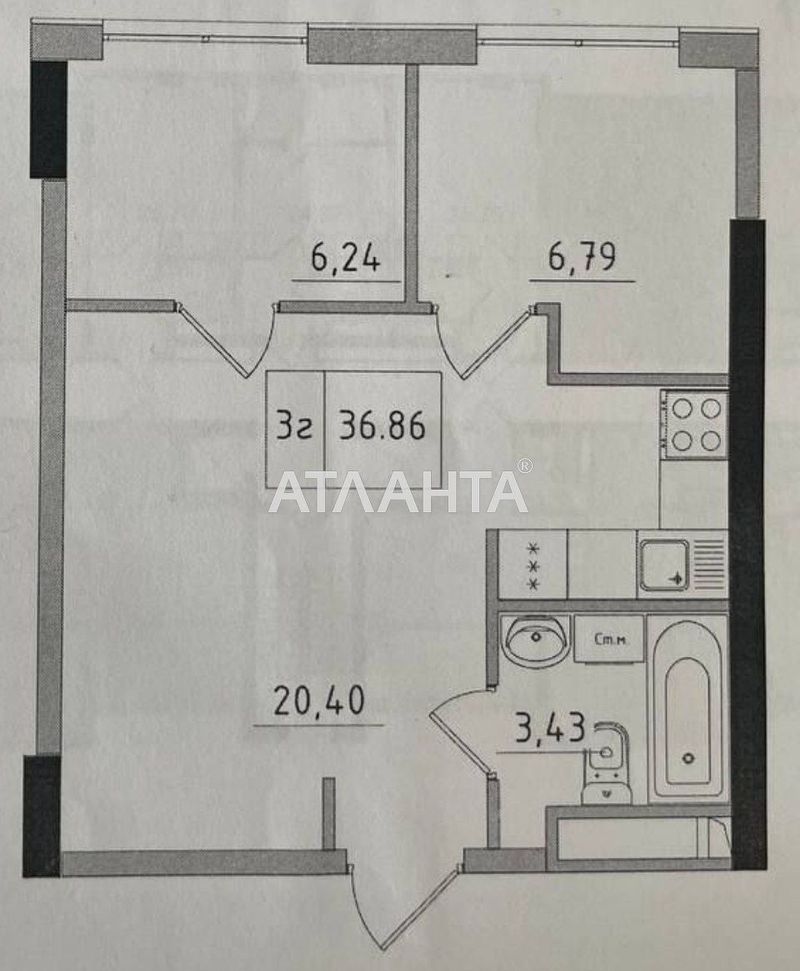 2-rooms apartment apartment by the address st. 7 km ovidiopolskoy dor (area 36,9 m²) - Atlanta.ua - photo 3