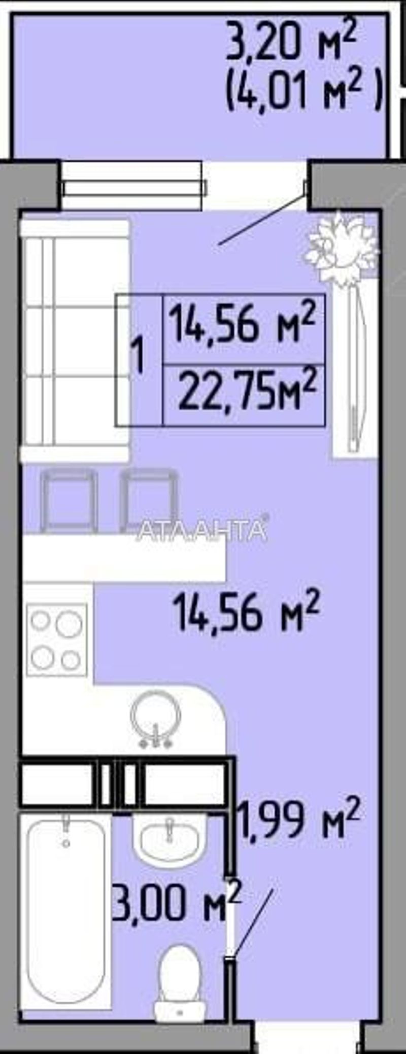 1-комнатная квартира по адресу ул. Пишоновская (площадь 22,8 м²) - Atlanta.ua