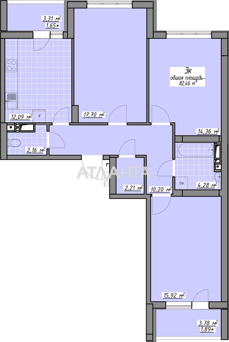 3-кімнатна квартира за адресою вул. Воробйова ак. (площа 82,5 м²) - Atlanta.ua - фото 2