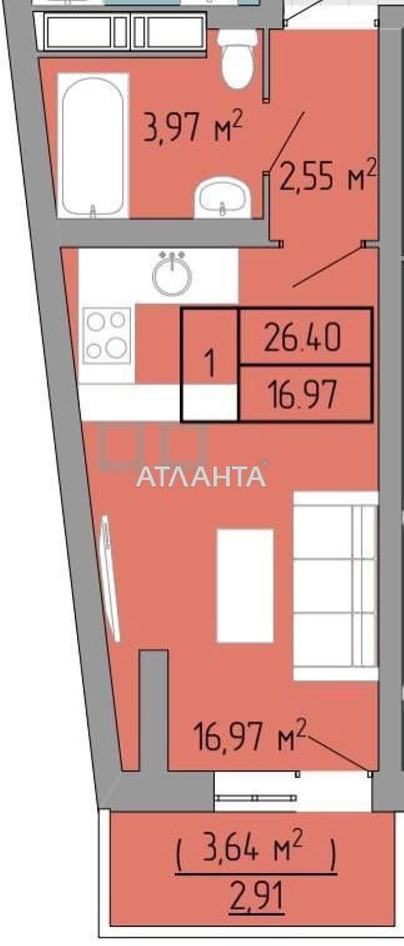 1-кімнатна квартира за адресою вул. Пішонівська (площа 28 м²) - Atlanta.ua - фото 3