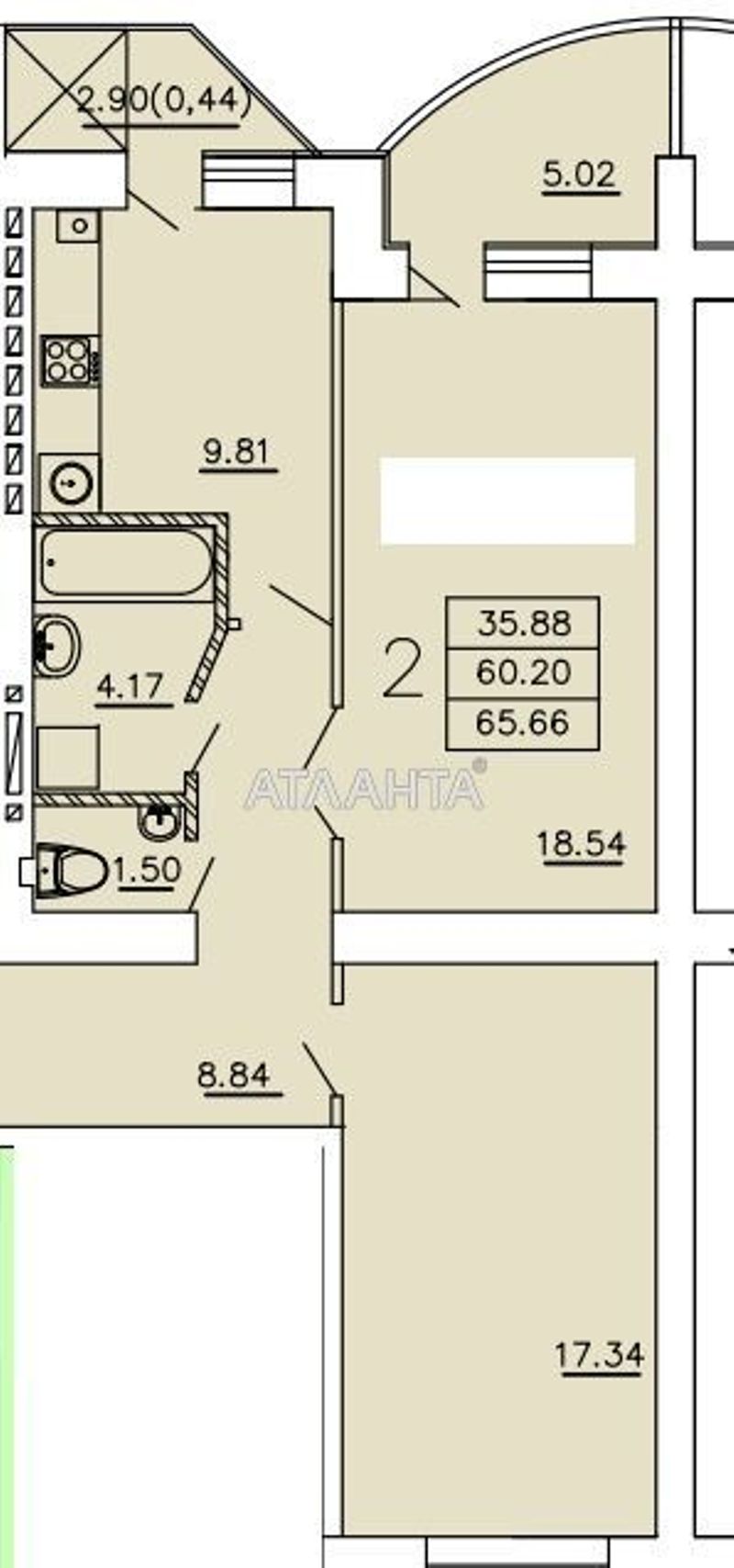2-комнатная квартира по адресу Днепропетр. Дор. (площадь 65,7 м²) - Atlanta.ua - фото 2