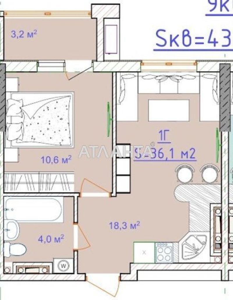 1-комнатная квартира по адресу ул. Вильямса ак. (площадь 36,1 м²) - Atlanta.ua - фото 3